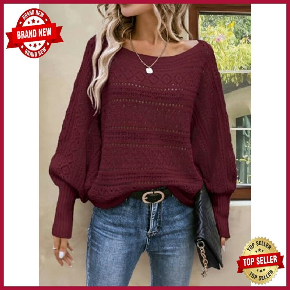 Oversized Crochet Sweater Off Shoulder Dolman Sleeve Lightweight Pullover - Picture 4 of 8